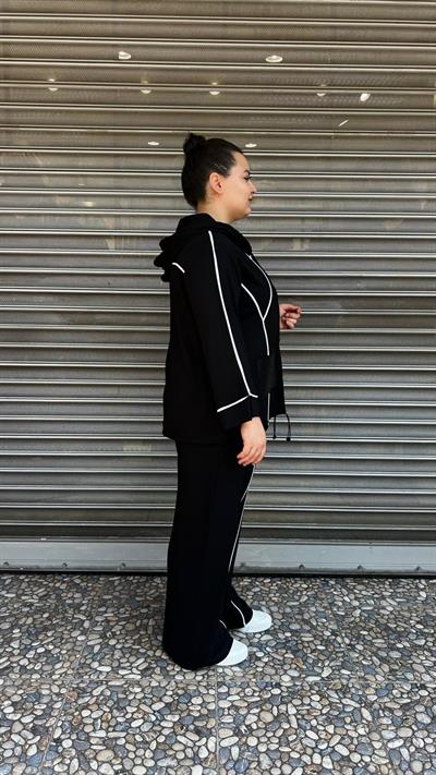 Selma Büyük Beden Kapüşonlu Şerit Detaylı Spor Takım