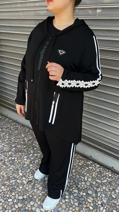 Selma Büyük Beden Kapüşonlu Şeritli Takım