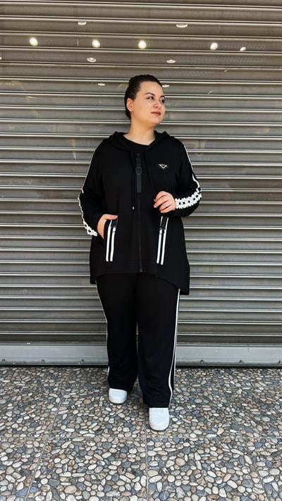 Selma Büyük Beden Kapüşonlu Şeritli Takım