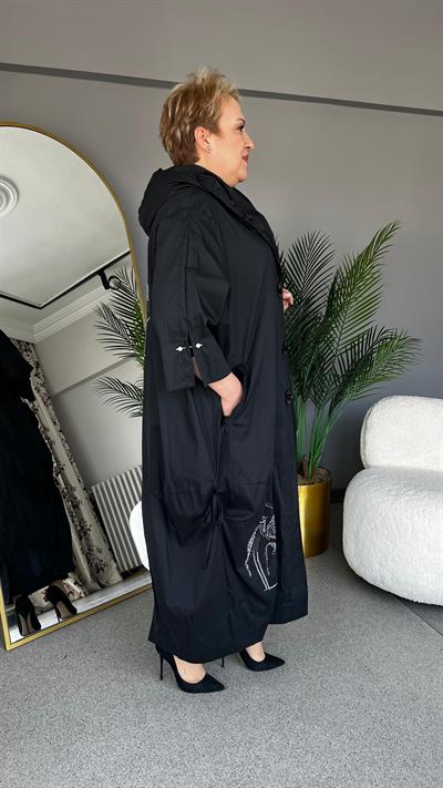 Selma Büyük Beden Kapüşonlu Turna Desenli Trench