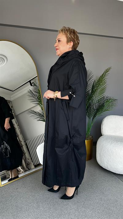 Selma Büyük Beden Kapüşonlu Turna Desenli Trench
