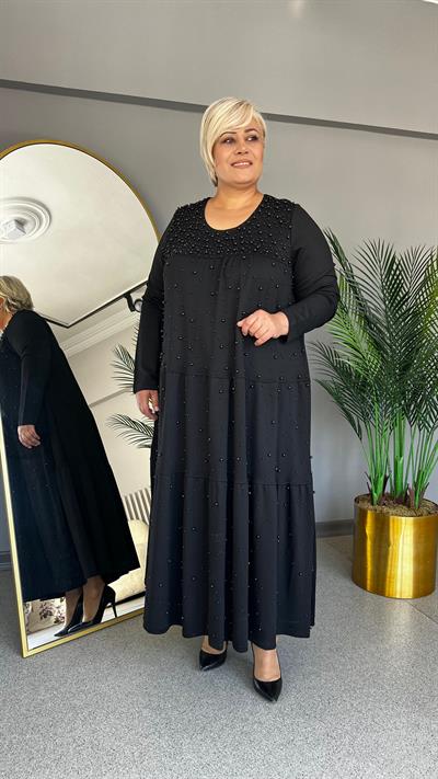 Selma Büyük Beden Kat Fırfırlı İncili Elbise