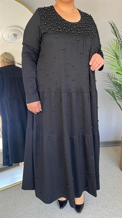 Selma Büyük Beden Kat Fırfırlı İncili Elbise