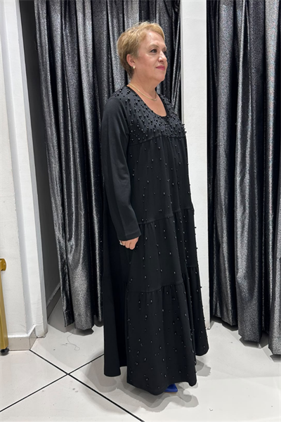 Selma Büyük Beden Katmanlı Tasarım İnci Süslemeli Elbise