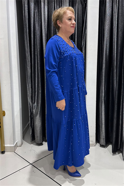 Selma Büyük Beden Katmanlı Tasarım İnci Süslemeli Elbise