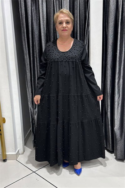 Selma Büyük Beden Katmanlı Tasarım İnci Süslemeli Elbise