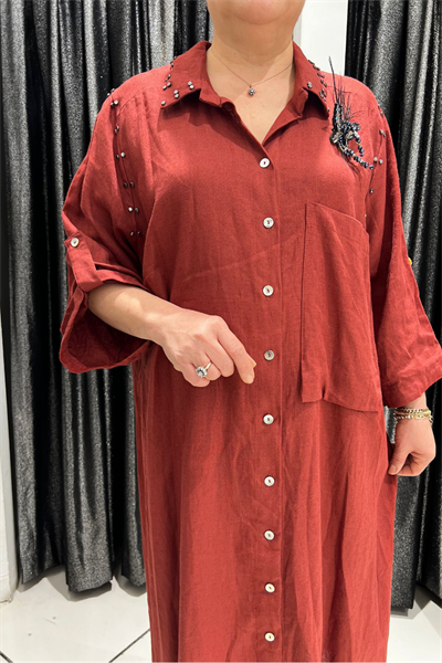 Selma Büyük Beden Kelebek Broşlu Keten Gömlek/Elbise