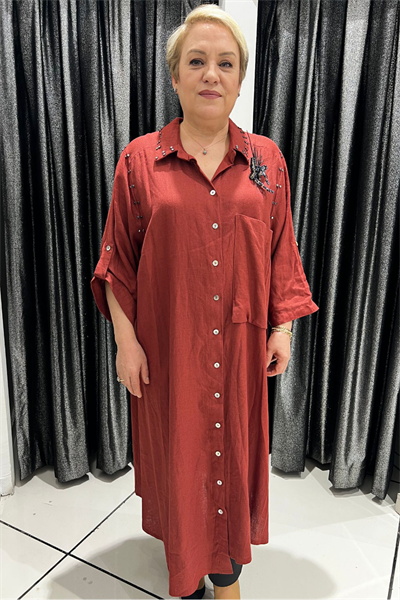Selma Büyük Beden Kelebek Broşlu Keten Gömlek/Elbise