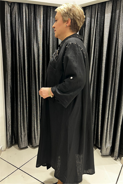 Selma Büyük Beden Kelebek Broşlu Keten Gömlek/Elbise