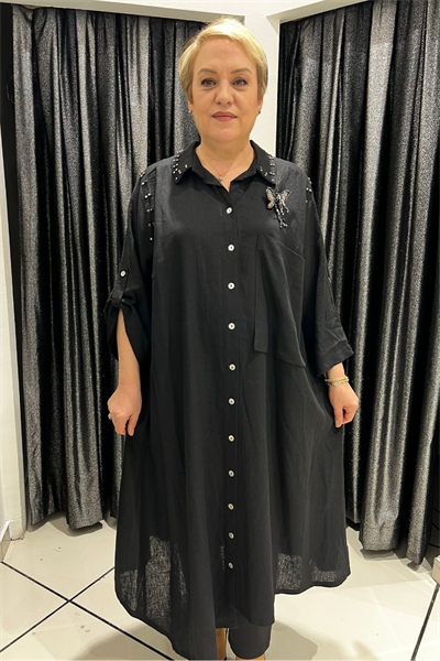 Selma Büyük Beden Kelebek Broşlu Keten Gömlek/Elbise