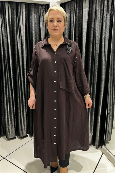 Selma Büyük Beden Kelebek Broşlu Keten Gömlek/Elbise