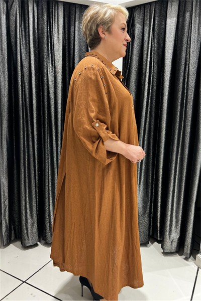 Selma Büyük Beden Kelebek Broşlu Keten Gömlek/Elbise