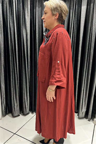 Selma Büyük Beden Kelebek Broşlu Keten Gömlek/Elbise