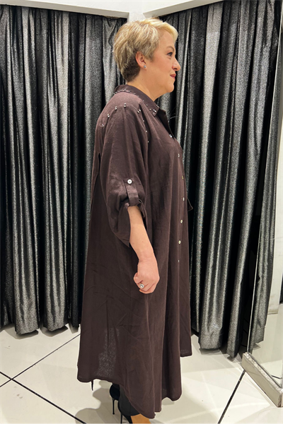 Selma Büyük Beden Kelebek Broşlu Keten Gömlek/Elbise