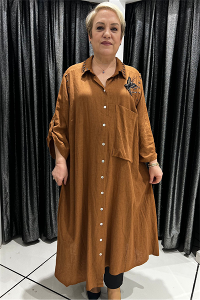 Selma Büyük Beden Kelebek Broşlu Keten Gömlek/Elbise