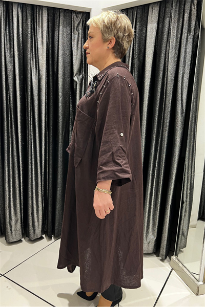 Selma Büyük Beden Kelebek Broşlu Keten Gömlek/Elbise