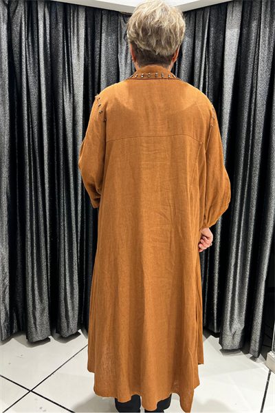 Selma Büyük Beden Kelebek Broşlu Keten Gömlek/Elbise