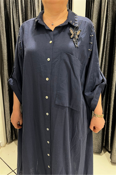 Selma Büyük Beden Kelebek Broşlu Keten Gömlek/Elbise