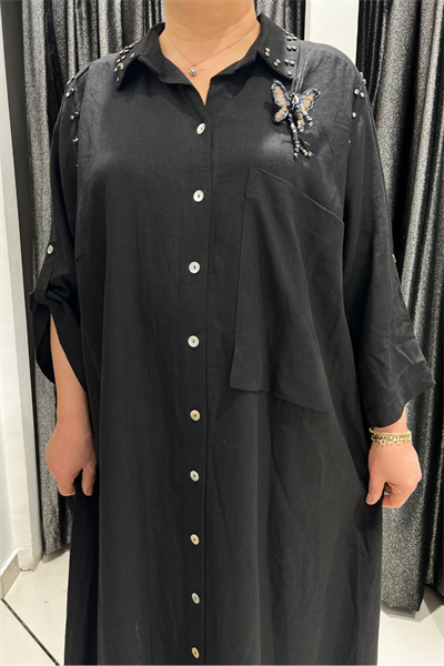 Selma Büyük Beden Kelebek Broşlu Keten Gömlek/Elbise