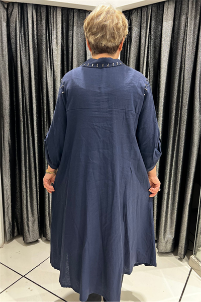 Selma Büyük Beden Kelebek Broşlu Keten Gömlek/Elbise