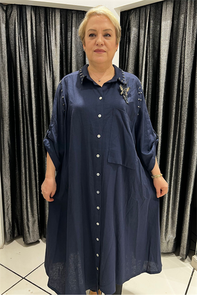 Selma Büyük Beden Kelebek Broşlu Keten Gömlek/Elbise