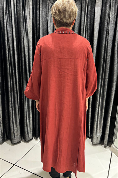 Selma Büyük Beden Kelebek Broşlu Keten Gömlek/Elbise