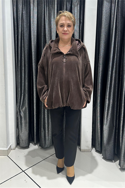 Selma Büyük Beden Kendinden Fitilli Kapüşonlu Kadife Mont