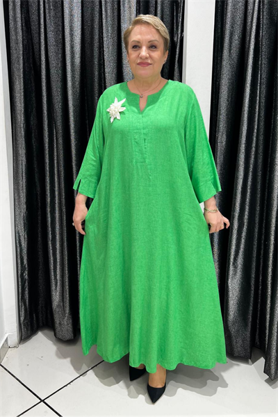 Selma Büyük Beden Keten Çiçek Detaylı Elbise