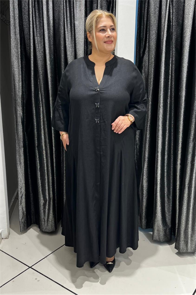 Selma Büyük Beden Keten Ön Düğmeli ve Arka Nakışlı Elbise