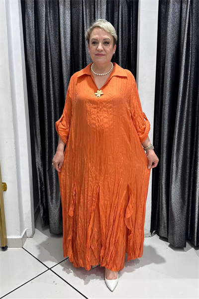 Selma Büyük Beden Kırışık Dokulu Yakalı Elbise
