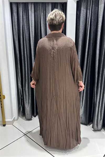 Selma Büyük Beden Kırışık Dokulu Yakalı Elbise
