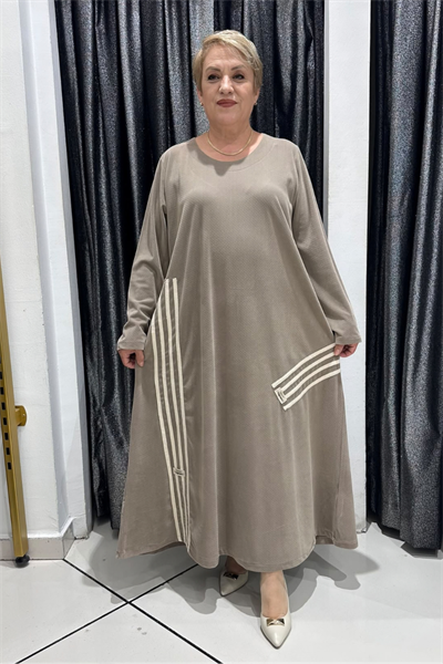 Selma Büyük Beden Kontrast Detaylı Fitilli Kadife Elbise