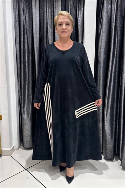 Selma Büyük Beden Kontrast Detaylı Fitilli Kadife Elbise