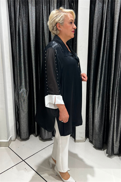 Selma Büyük Beden Kontrast Manşetli Saten Bluz