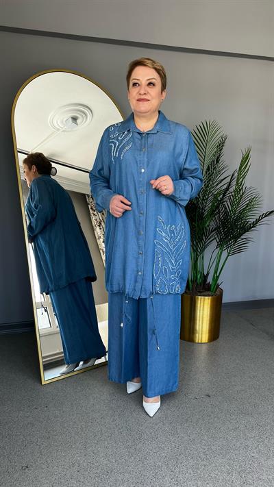 Selma Büyük Beden Kot Pantolonlu Takım