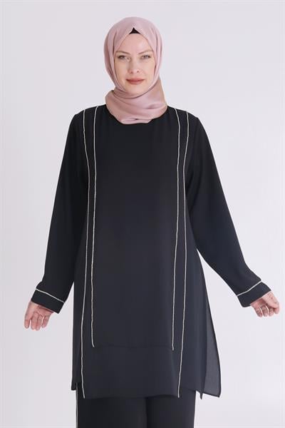 Selma Büyük Beden Krep Taşlı Pantolonlu Takım