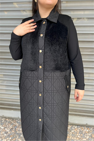 Selma Büyük Beden Kürk Detaylı Çıtçıtlı Yelek