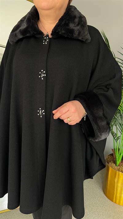 Selma Büyük Beden Kürk Yakalı Pelerin/Panço