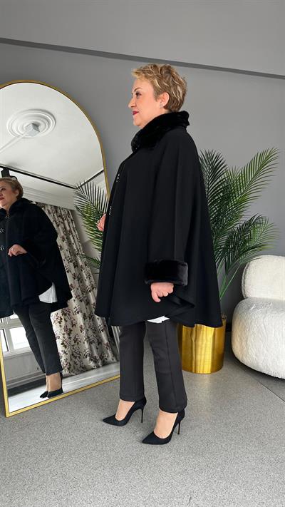 Selma Büyük Beden Kürk Yakalı Pelerin/Panço