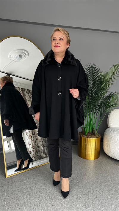 Selma Büyük Beden Kürk Yakalı Pelerin/Panço