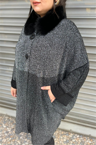 Selma Büyük Beden Kürk Yakalı Yarasa Kol Panço