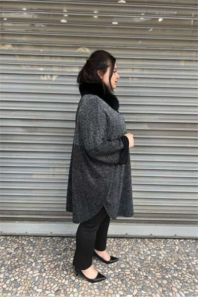 Selma Büyük Beden Kürk Yakalı Yarasa Kol Panço