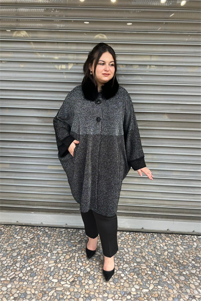 Selma Büyük Beden Kürk Yakalı Yarasa Kol Panço