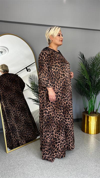 Selma Büyük Beden Leopar Desen Kayık Yaka Saten Elbise