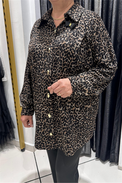 Selma Büyük Beden Leopar Desenli Düğmeli Gömlek