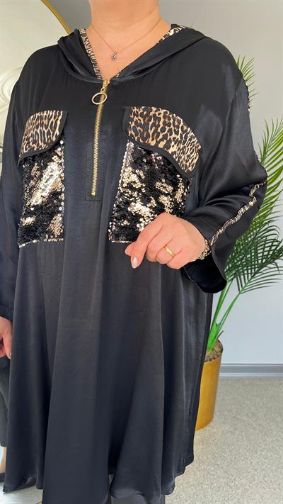 Selma Büyük Beden Leopar Desenli Payet İşlemeli Bluz