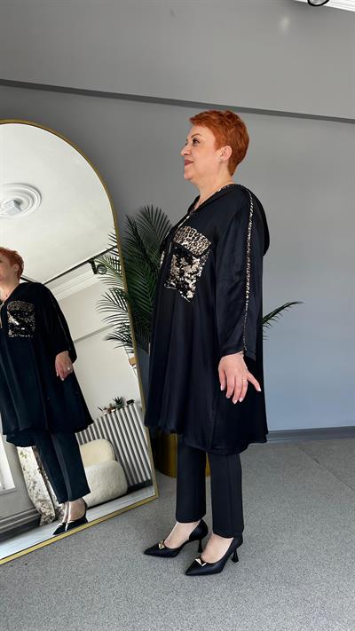 Selma Büyük Beden Leopar Desenli Payet İşlemeli Bluz