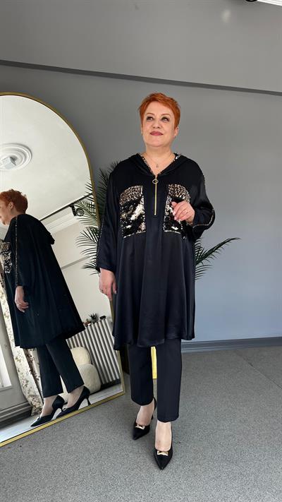 Selma Büyük Beden Leopar Desenli Payet İşlemeli Bluz