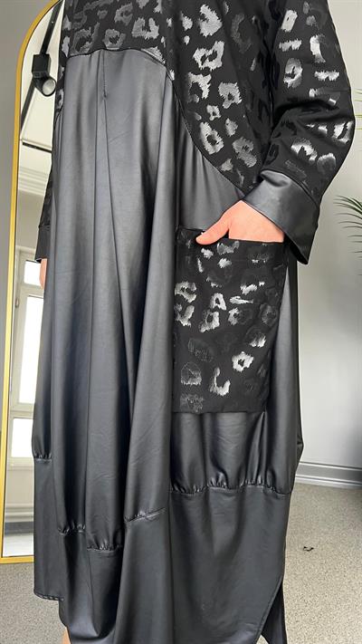 Selma Büyük Beden Leopar Detaylı Deri Elbise