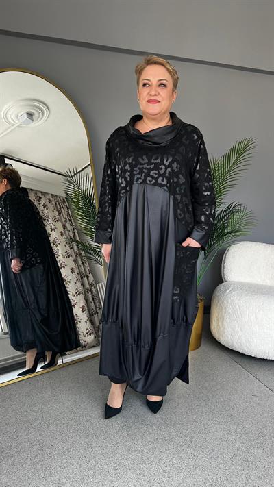 Selma Büyük Beden Leopar Detaylı Deri Elbise